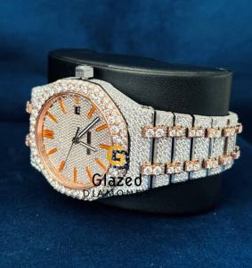 Adorn Your Wrist With Fully Iced Out Two Tone Moissanite Watch With Orange Stick Bar and Hip Hop Style - Product Image 4