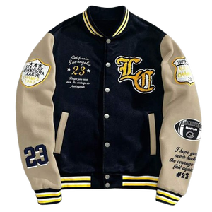 Chaqueta de béisbol universitaria de manga en contraste Unisex cuerpo azul marino Beige brazos Streetwear Varsity invierno con capucha acolchado prendas de vestir exteriores cálidas - Product Image 1