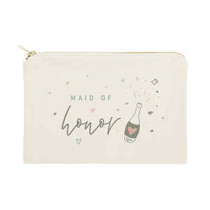 Lovely Portable Cosmetic Bag Cotton Canvas with Champagne <b>Bottle</b> and Maid of Honor Pattern for Cosmetics Storage - Product Image 1