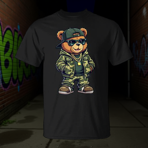 Camiseta Cool Gangsta Hip Hop Streetwear con Estampado de Oso en Camuflaje, Camiseta Promocional para Hombre - Product Image 3