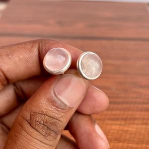 Handmade <b>Sterling</b> <b>Silver</b> <b>Stud</b> <b>Earrings</b> with Natural Rose Quartz Gemstones Round Cabochon Design - Product Image 4