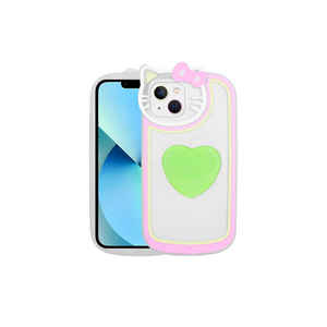 Coque en silicone transparente Netzy avec figurine de chat mignonne pour iPhone 13, imprimée en UV avec support Pop Socket, inspirée du style INS, vert - Product Image 1