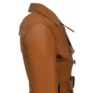 Femmes en peau d'agneau 100% cuir Long Trench Coat Double boutonnage Tan ceinture pardessus veste mode femme en cuir Trench Coat - Product Image 6
