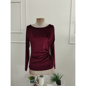 Blusa de terciopelo de manga larga para mujer, con cuello abierto y detalle de piedras en la cintura, 37433 - Borgoña - Product Image 4