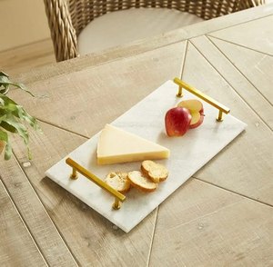 Compassion Collection Premium <strong>White</strong> Marble Rectangular Cutting <strong>Board</strong> Plain Metal with Brass Handle Cheese <strong>Chopping</strong> Kitchen Use