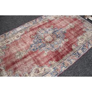 Vintage Turkish Accent Rug 4.6x7.5 ft, <b>Red</b> Blue Floral <b>Wool</b> Rug - Product Image 2