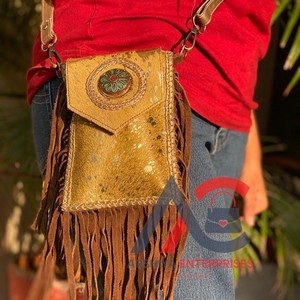 กระเป๋าหนังพู่ขนโลหะแฮนด์เมดแท้,กระเป๋าถือหนังกระเป๋าขอบกระเป๋าโทรศัพท์มือถือกระเป๋าเข็มขัดกระเป๋าหนัง - Product Image 1