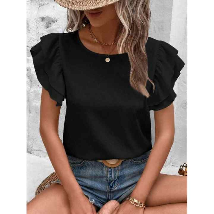 Crew Neck Sleeves Flounce Imported Crepe Blouse