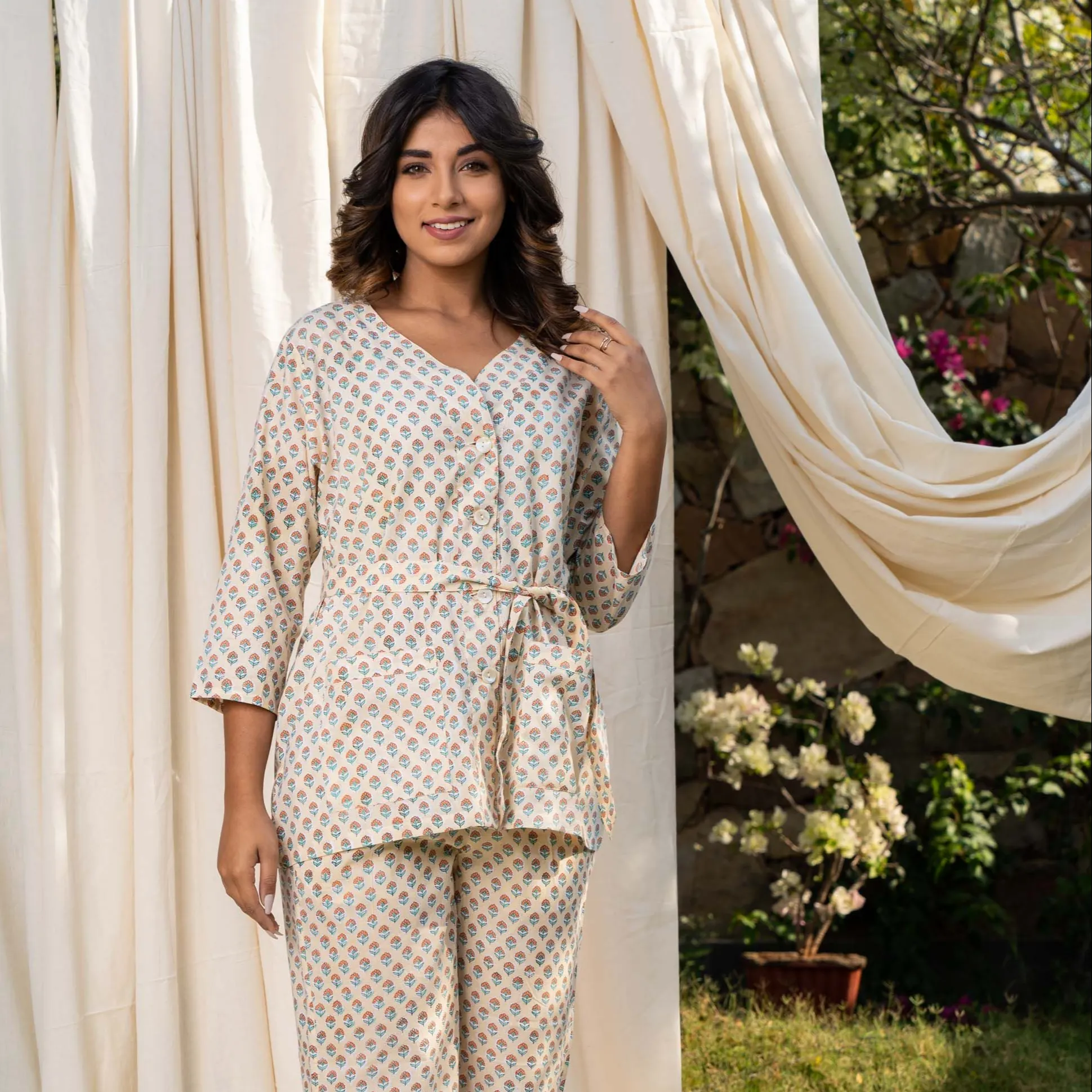Sanganri Handmade Cotton Floral Printed Women Lightweight Loungewear Hand block Print Pajamas Night Wear Suit