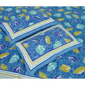 Parure de lit double en coton bleu imprimé Jaipuri 240 TC avec 2 taies d'oreiller, ensemble 3 pièces pour lits King Size, 100% coton, usage domestique - Product Image 3