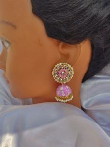 Boucles d'oreilles Meenakari Kundan Jhumka bijoux indiens traditionnels pour mariages, Mehendi, cérémonies Sangeet, demoiselle d'honneur et faveurs d'invité - Product Image 2