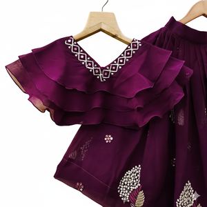 Shoryam Fashion Lehenga indien violet pour filles, tenue de fête longue jusqu'au sol, choli superposé fantaisie, ensemble jupe ethnique imprimée pour enfants, Diwali - Product Image 4