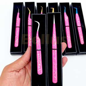 <b>Pink</b> <b>Glitter</b> Fiber Tip Lash Tweezers Hand Tested Solid Japanese Stainless Steel Eyelash Extension Tool with Private Label Option - Product Image 3