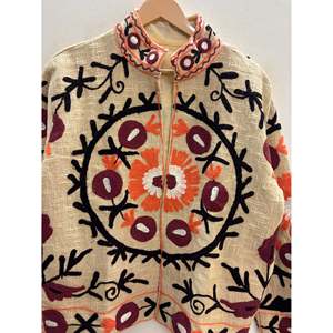 Anaar Bagh <b>Reversible</b> Suzani Embroidered Cotton <b>Jacket</b> for Ladies Finished Product Bomber Ivory Maroon Marigold Blooms Spring - Product Image 1