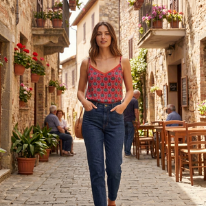 Blusa sin mangas con cuello en V para mujer, estampado floral geométrico, tirantes finos, informal, primavera-verano, tejido, corte regular - Product Image 1
