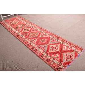 Turkish 2.8x9.4 ft Rug, <b>Runner</b> Vintage Rug, <b>Red</b> Gray Geometric Wool Rug - Product Image 3