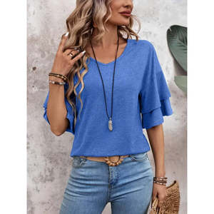 Women'<b>s</b> Short-Sleeved V-Neck Viscose <b>Blouse</b>, 35661 - Blue - Product Image 2