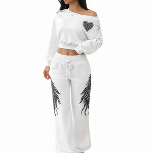 Ensemble sweat-shirt court et pantalon droit pour femme, détails en strass, coupe décontractée, vêtements de détente décontractés pour la fabrication de vêtements - Product Image 1