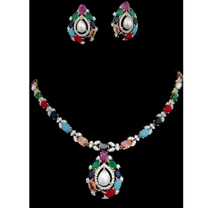Fancy Glamorous Gold and White Finish Navratana Studded <b>Necklace</b> <b>Set</b> with Earrings AD Stones for Women's <b>Wedding</b> Parties Wear - Product Image 1
