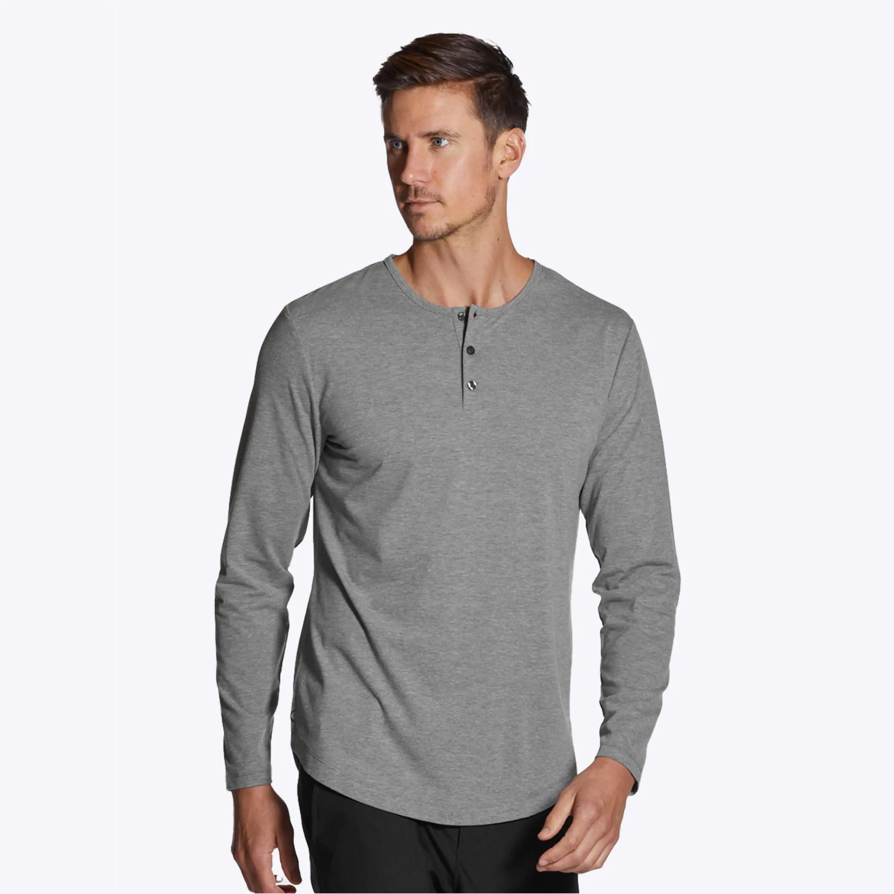 Custom Logo Buttery Soft 62% Polyester 33% Cotton 5% Spandex Signature Fit Long Sleeves Henley Curve Hem Heather Grey Shirt