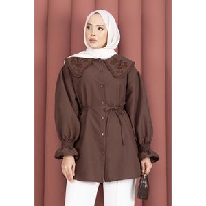 Túnica Formal Marrón para Mujer con Cuello Bordado, Cintura con Cordón Ajustable, Adornos Florales, Chifón, Tejido de Rayón, Tallas XS-XL, Ideal para Fiestas - Product Image 2