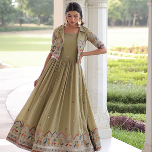 slim fit dress slacks Bottle Green Georgette Embellished Indo Western Maxi Gown