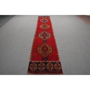 Turkish Vintage Rug, <b>Runner</b> 2.2x12.1 ft (68x370 cm) Rug, <b>Red</b> Solid Wool Rug - Product Image 1