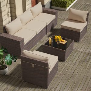 Muebles de jardín de ratán Sofá Multiplaza Conjunto Sillón Mesa y sillas con cojín - Product Image 5