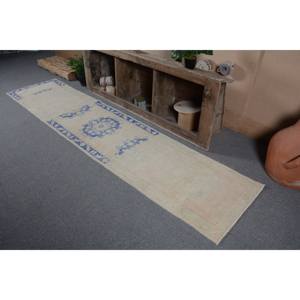 Tapis turc vintage 2.3x10 pieds Beige bleu grande surface laine Latex support motif abstrait pour adolescent couloir rectangulaire Design - Product Image 2