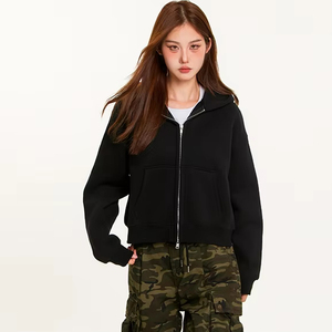 Marca de moda 350G Abrigos de mujer Patrón personalizable Sudaderas con capucha cortas y anchas con forro polar grueso y doble cremallera - Product Image 3