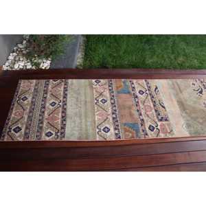 Alfombra Vintage, Alfombra Turca de 2.3x10.1 pies, Alfombra de Lana con Diseño Floral Azul y Rosa - Product Image 5