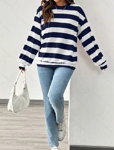 Elegante Camiseta a Rayas para Mujer, Moderna, Otoño Invierno, Cómoda, 100% Algodón, Tejida, Cuello Redondo, Manga Larga - Product Image 5