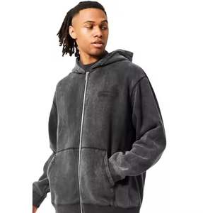 Sudadera con capucha desgastada de gran tamaño personalizada de alta calidad, sudadera con cremallera térmica de peso pesado para hombre lavada con ácido para invierno - Product Image 1