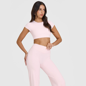 Custom Latest Ballet <b>Pink</b> Women's <b>Crop</b> <b>Top</b> Breathable Soft & Stretchy Print Cotton Short Sleeve Fitness <b>Crop</b> <b>Top</b> Tees for Women - Product Image 2