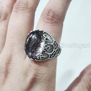 Bague en argent sterling 925 pour homme, avec pierre précieuse naturelle quartz rutile noir, pierre de naissance de avril, bijou cadeau de Noël arabe, vente en gros - Product Image 3