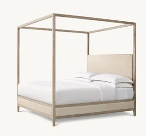 Modern fransız lüks yatak odası mobilyası Set orta yüzyıl tasarım katı ahşap sonrası cibinlik yatak kral püsküllü kumaş tente