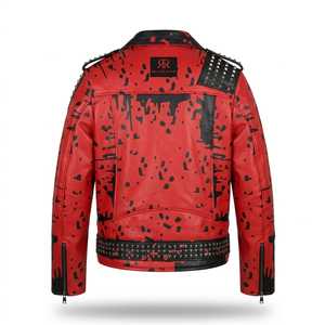 Studded Red Black Leather Winter Biker <b>Jacket</b>-<b>Punk</b> Rock Distressed Front Logo Skulls Pattern for Men Ranchos Range Heavy up 6XL - Product Image 2