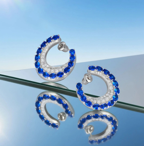 Boucles d'oreilles créoles de luxe en saphir bleu pour femme, plaquées or blanc, avec pierre précieuse ovale et pavé de diamants, bijoux de mariage - Product Image 3