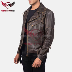 Chaqueta de piel de oveja auténtica 100% para hombre, diseño de motorista Premium, cuello distinto único, Marrón granate para la temporada de invierno - Product Image 6
