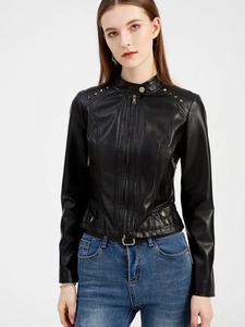 Nouveau chez les femmes printemps automne noir Faux cuir vestes court véritable basique mode mince femme motard Pu cuir veste - Product Image 3