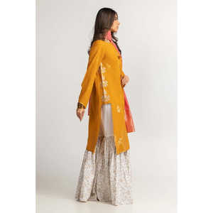 Salwar Kameez Amarillo y Rosa con Bordado Jacquard, Corte Regular, Largo hasta el Suelo, con Camisa y Dupatta para Bodas, Ropa Étnica de India/Pakistán - Product Image 3