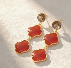 Pendientes de Piedras Preciosas de Color Naranja Ahumado de 6 Pulgadas y 18 Gramos |   10 mm Redondo y 16 mm Forma Elegante |   Plata de Ley 925 Chapada en Oro de 18K - Product Image 4