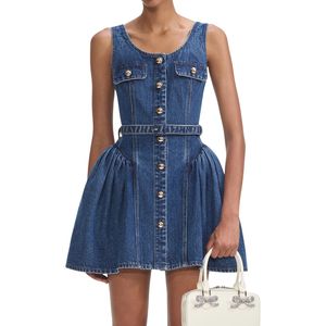 Vestido Mini de Mezclilla Tejida para Mujer, Manga Corta, Casual, Línea A, Transpirable, Elegante, Ajustado, Ropa de Verano - Product Image 1