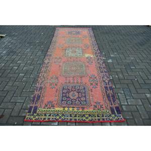 Vintage <b>Runner</b> Rug 3.9x11 ft, <b>Red</b> Plants & trees Turkish Wool Rug - Product Image 1