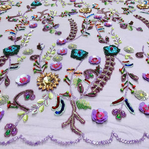 High Quality Floral Embroidery Mesh Lace Fabric with Heavy Sequin Border - Product Image 1