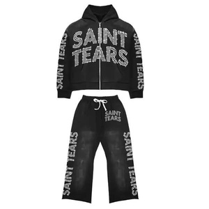 Dernier ensemble pantalon de survêtement à capuche noir 100% coton de haute qualité à la mode personnalisée Top court surdimensionné avec strass sans poches - Product Image 6