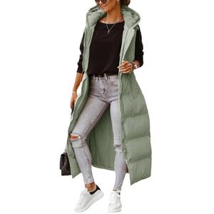 Otoño Invierno señoras medio largo estilo Parka chaleco Delgado con capucha Algodón ligero Color puro sin mangas con piel de oveja cuero - Product Image 3