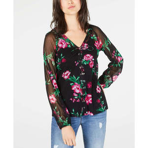 INC International Concepts Top da donna in chiffon con stampa floreale di piccole dimensioni, nero, con dettagli allacciati - Product Image 1