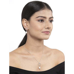 NOVAMART Fine 925 Sterling <b>Silver</b> Pearl Sara Pendant <b>Earring</b> <b>Chain</b> Set Rhodium Plated with for Swiss Zirconia Gift Women Wholesa - Product Image 4