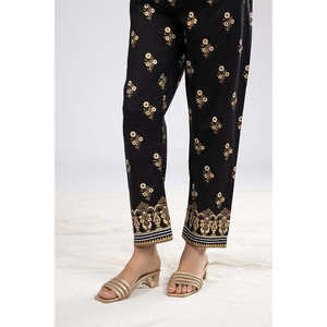 Pantalon évasé noir en cambric imprimé pour femme, taille XL, brodé, taille élastique, manches longues, respirant - Product Image 3